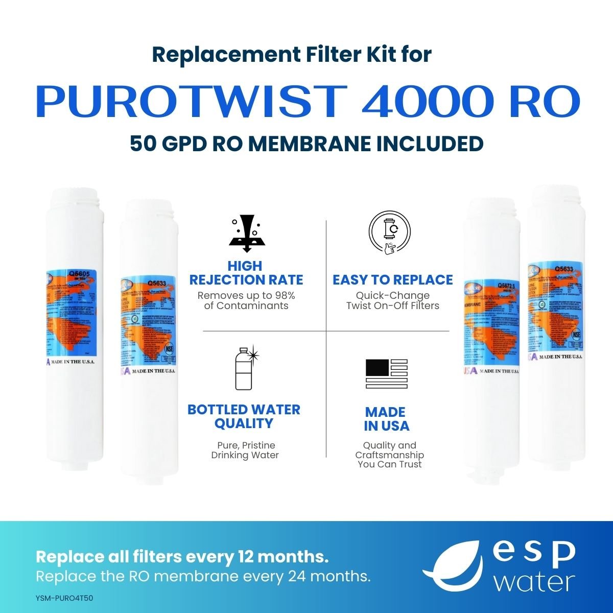 PuROTwist 4000 RO Filter Replacement Kit with 50 GPD Membrane YSM-PURO4T50 - ESP Water