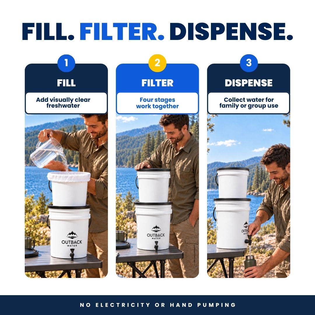 How the Outback Ready gravity-fed emergency water filter works: add visually clear freshwater, filter through four stages, and dispense.