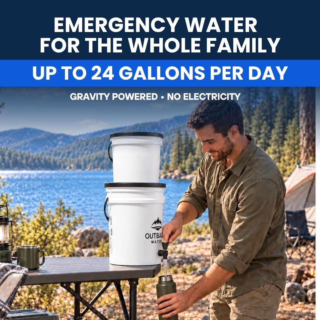 Outback Ready gravity-fed emergency water filter beside a river, with stacked buckets and text noting up to 24 gallons per day without electricity.