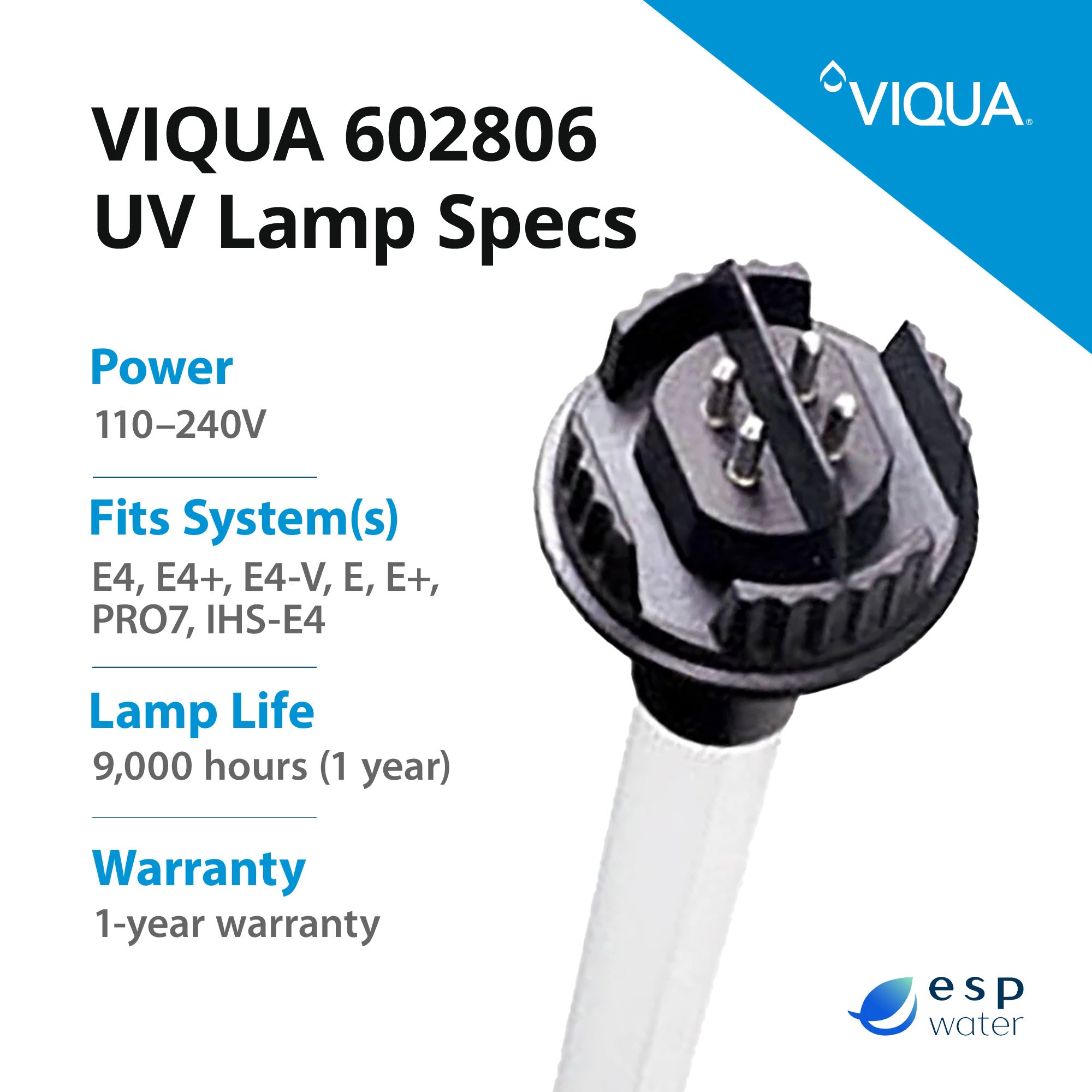 VIQUA 602806 UV-C lamp specifications including 50-watt output and recommended 12-month replacement